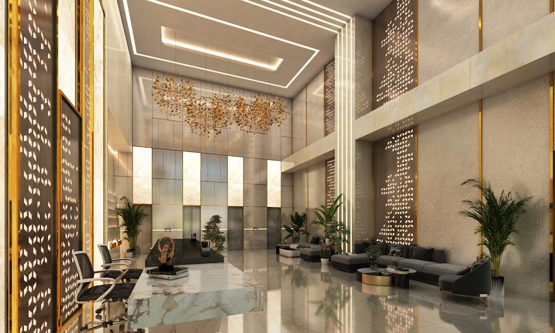 Bright modern office reception area with plants